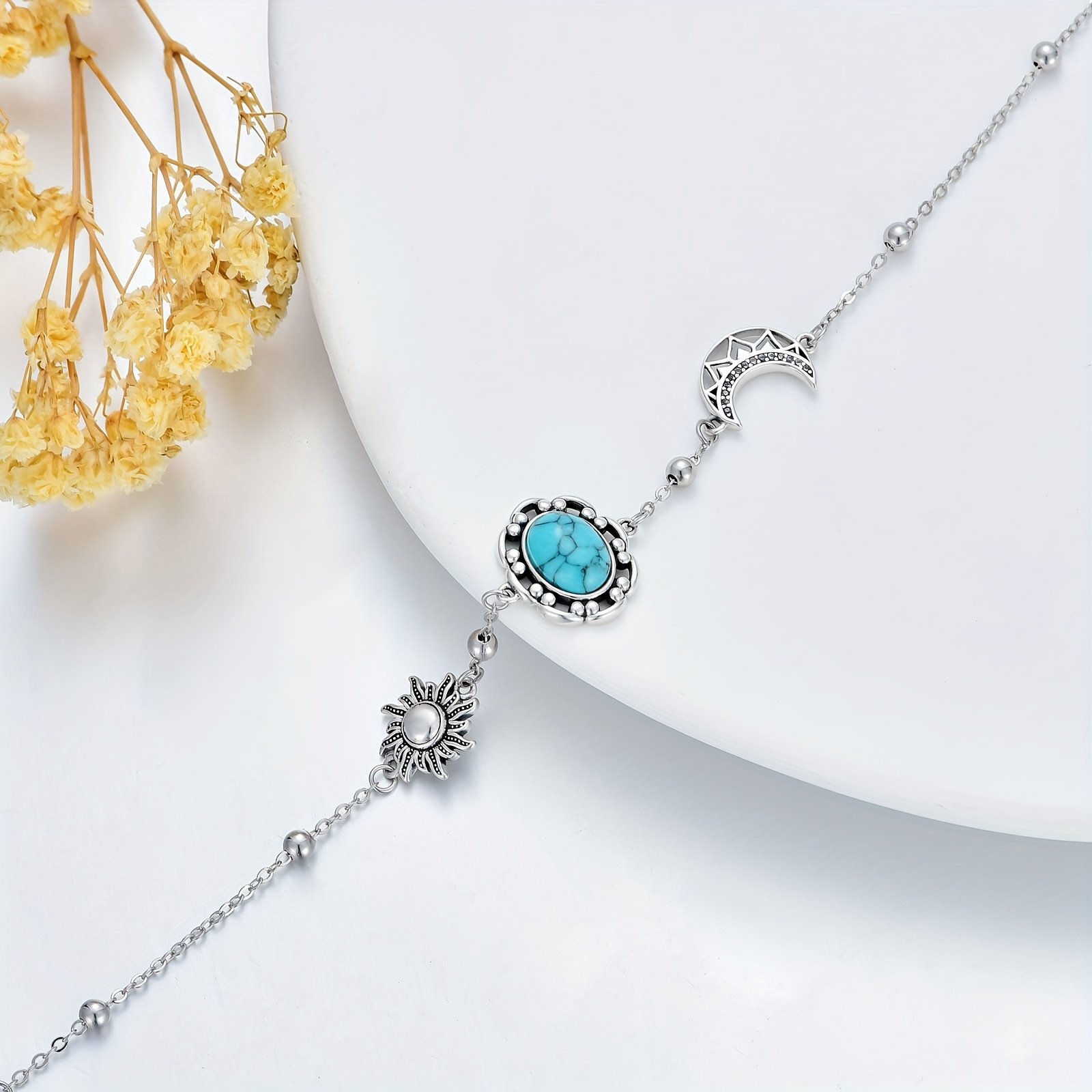 925 Sterling Silver Sun And Moon Bracelet Boho Turquoise